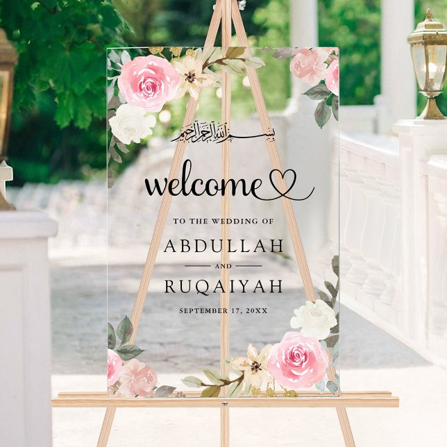 Pastel Pink Floral Muslim Wedding Welcome Acrylic Sign (Creator Uploaded)