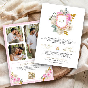 Pastel Pink Floral QR Code Photo Crest Wedding Invitation