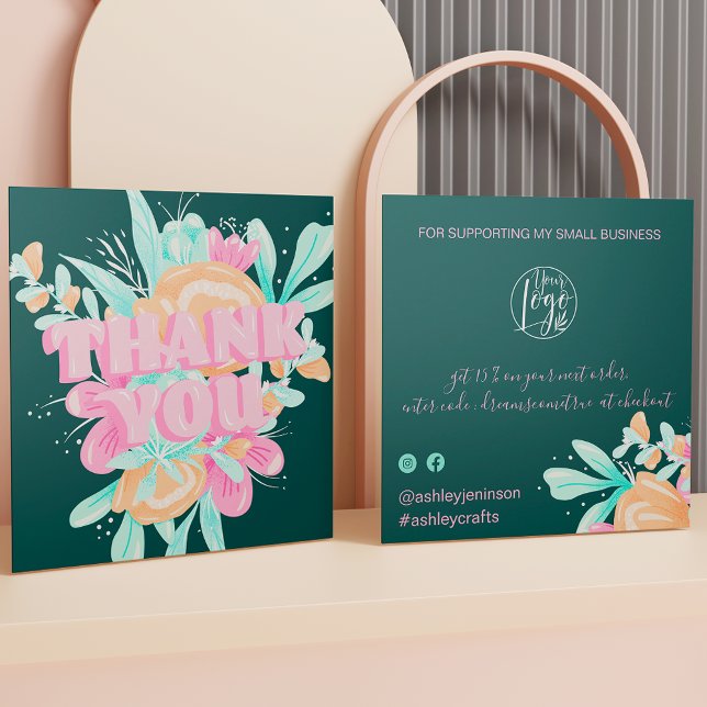 Pastel pink floral retro script order thank you square business card (Creator Uploaded)