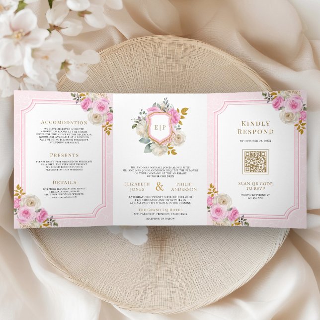 Pastel Pink Floral Roses All in One Crest Wedding Tri-Fold Invitation (Creator Uploaded)