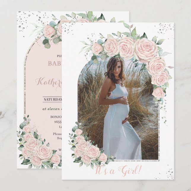 Pastel Pink Floral Silver Baby Shower Photo Arch Invitation (Front/Back)