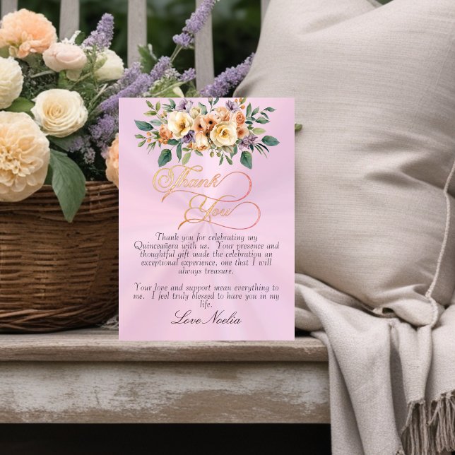 Pastel Pink - Floral & Silver Tiara Quinceanera Thank You Card (Creator Uploaded)