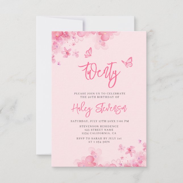 Pastel pink floral soft watercolor 20th Birthday Invitation (Front)