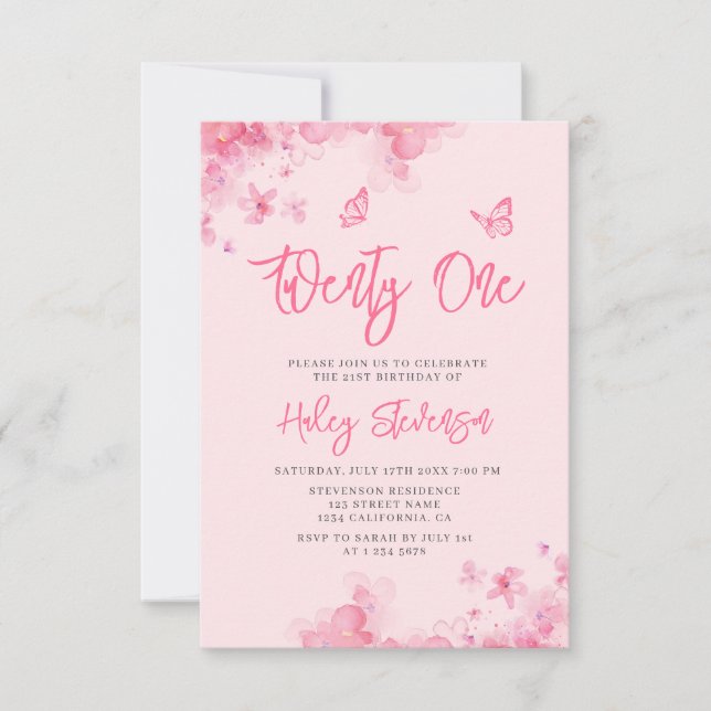 Pastel pink floral soft watercolor 21st Birthday Invitation (Front)