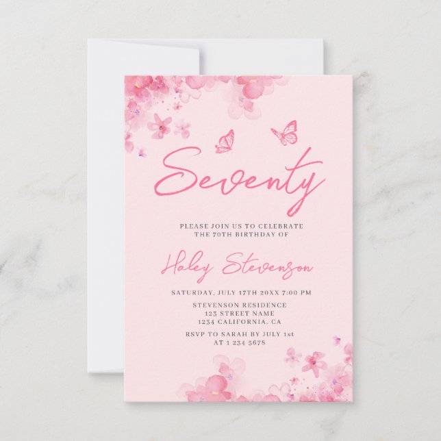 Pastel pink floral soft watercolor 70th Birthday Invitation (Front)