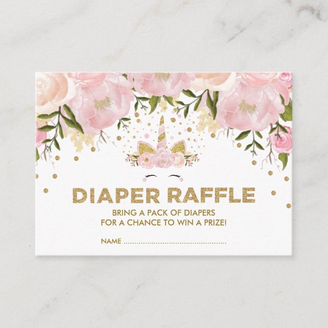 Pastel Pink Floral Unicorn Girl Baby Diaper Raffle Enclosure Card (Front)