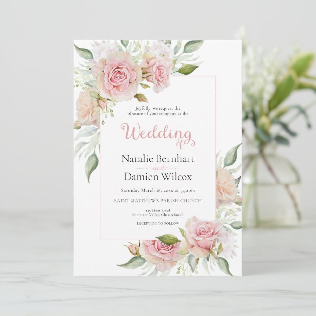 Pastel Pink Floral Watercolor Wedding Invitation (Standing Front)