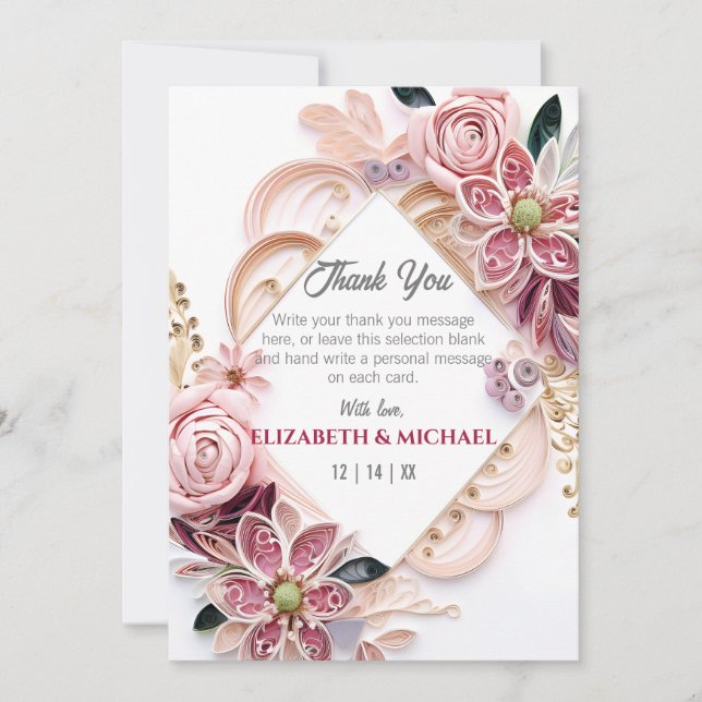 Pastel Pink Floral Wedding Frame Paper Quilling Thank You Card (Front)