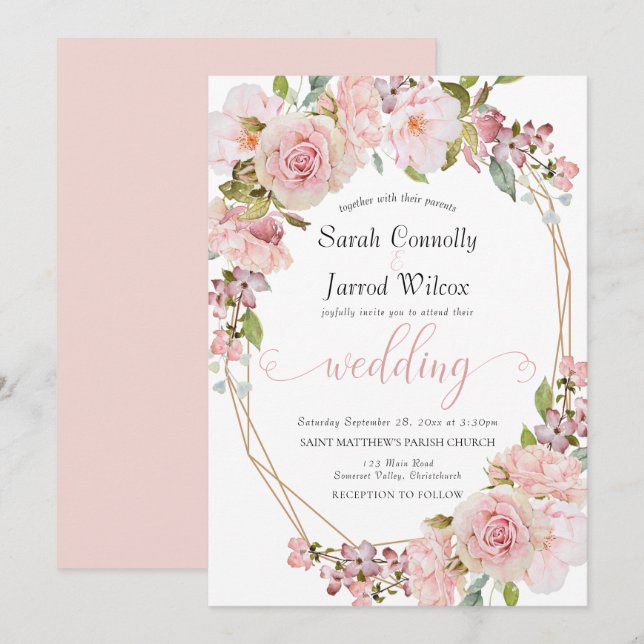 Pastel Pink Floral Wedding Invitation (Front/Back)