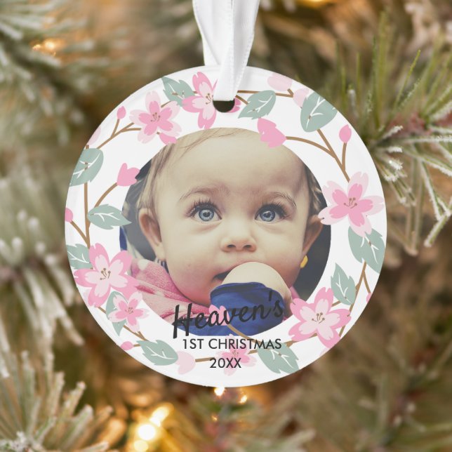 Pastel Pink Floral Wreath Baby Keepsake Ornament (Tree)