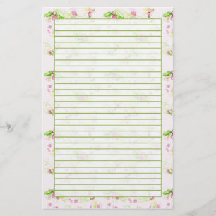 Pastel Pink Flower Blossom Spring Green Lined Stationery