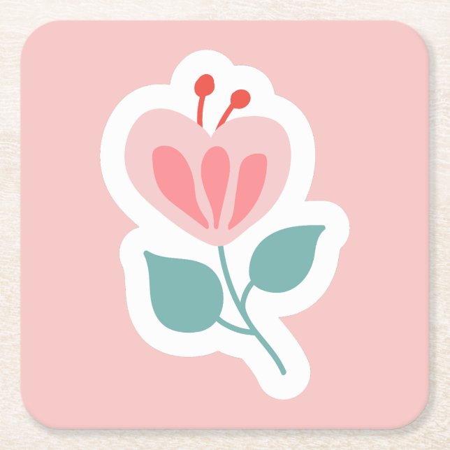 Pastel pink flower petal cartoon square paper coaster (Front)