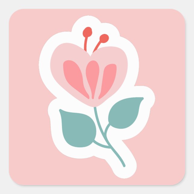 Pastel pink flower petal with stem square sticker (Front)