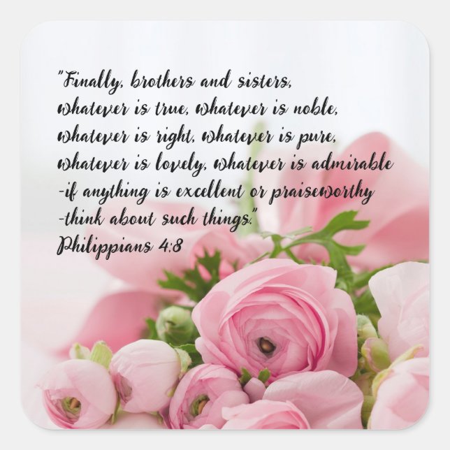 Pastel Pink Flowers Bible Verse Square Sticker (Front)