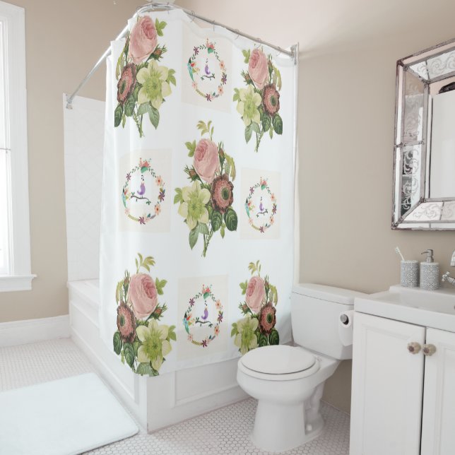 Pastel pink flowers shower curtain her birds (In Situ)