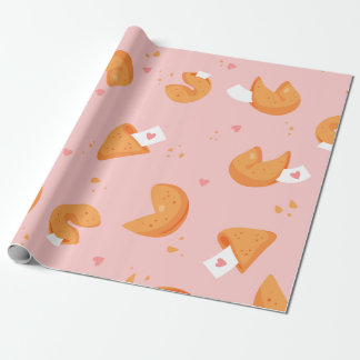 pastel pink fortune cookie love hearts lucky wrapping paper
