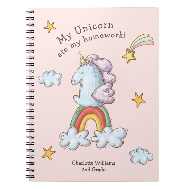 Pastel Pink Funny Unicorn Ate My Homework Notebook (Front)
