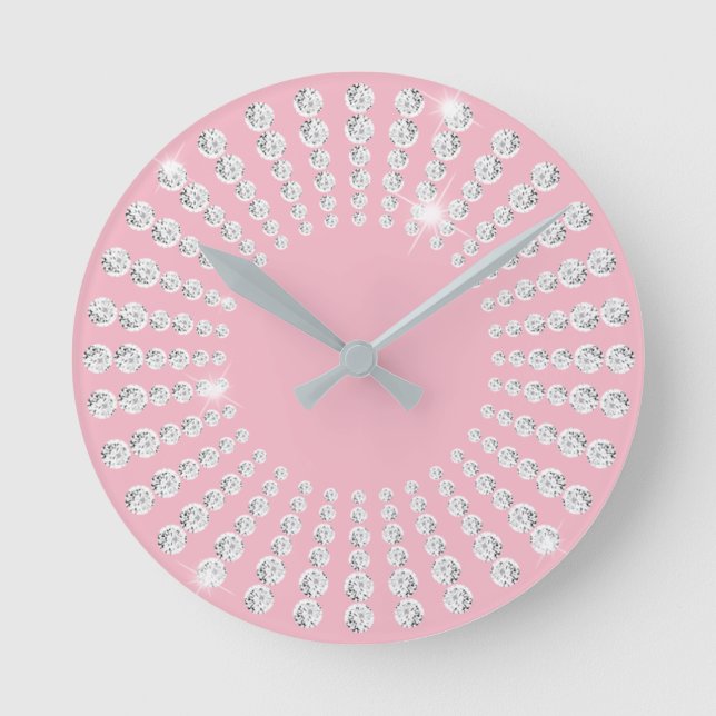 Pastel Pink Gem Crystal Diamond White Round Clock (Front)