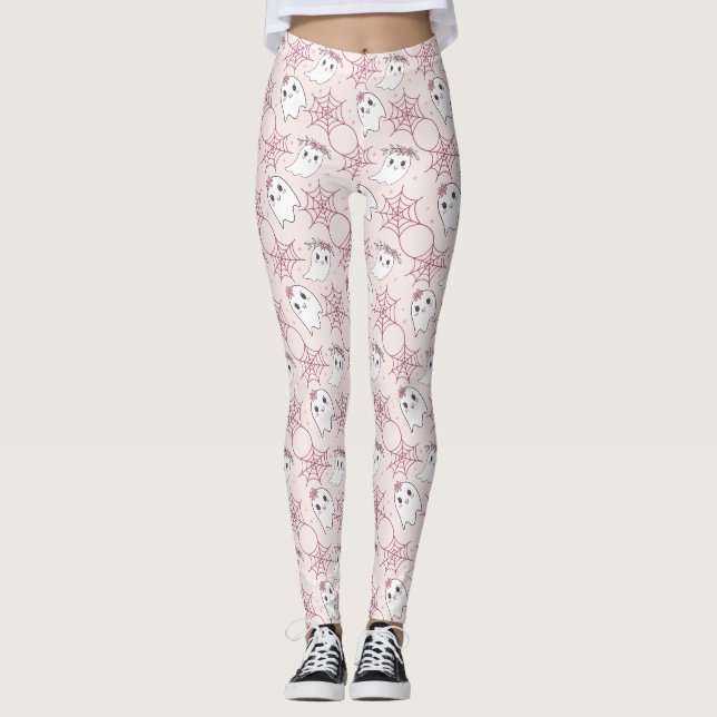 Pastel Pink Ghost Halloween Kawaii Pattern Leggings (Front)
