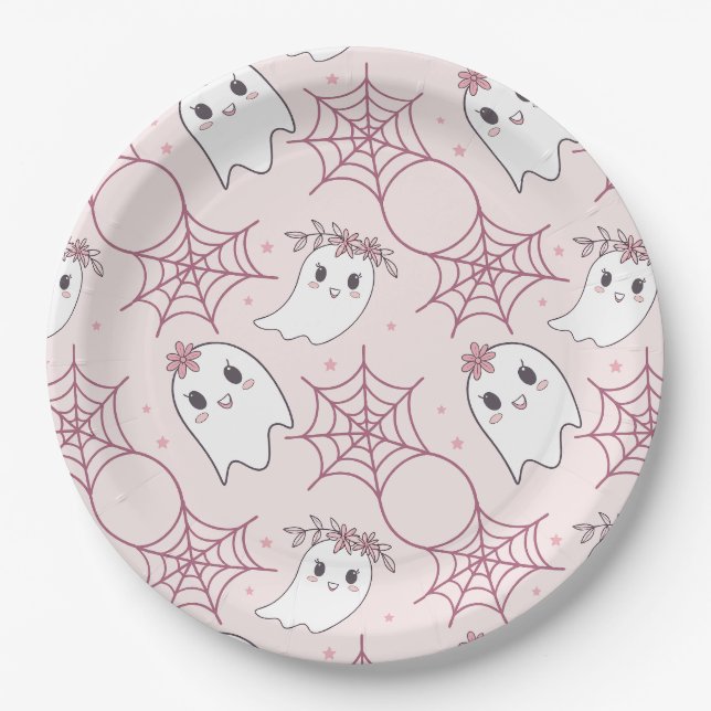 Pastel Pink Ghost Halloween Kawaii Pattern Paper Plate (Front)
