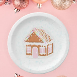 Pastel Pink Gingerbread House Paper Plate