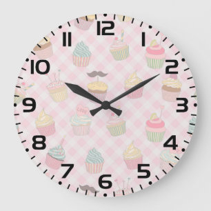 Pastel Pink Gingham Cute Cupcakes Pattern Large Clock