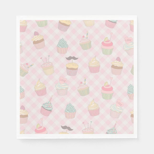 Pastel Pink Gingham Cute Cupcakes Pattern Napkin (Front)
