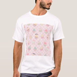 Pastel Pink Gingham Cute Cupcakes Pattern T-Shirt