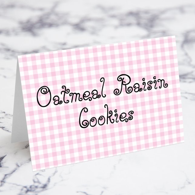 Pastel Pink Gingham Food Cards (Pastel Pink Gingham Oatmeal Raisin Cookies Food Cards)
