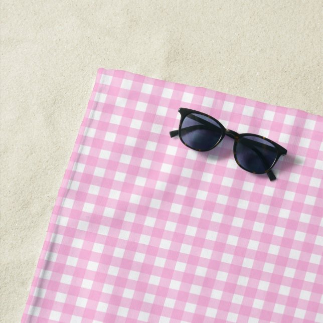 Pastel Pink Gingham Pattern Beach Towel (In Situ)