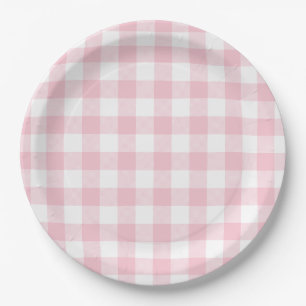 Pastel Pink Gingham Plaid Pattern Paper Plate