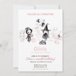 Pastel pink girl halloween birthday invitation