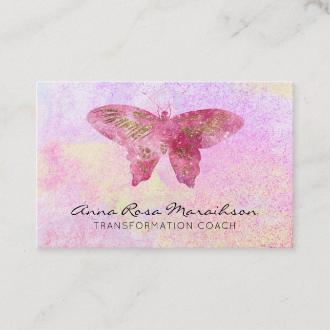 *~* Pastel Pink Glitter Fantasy Gilded Butterfly Business Card (Front)