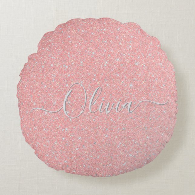 Pastel Pink Glitter Sparkle Custom Name  Round Cushion (Front)