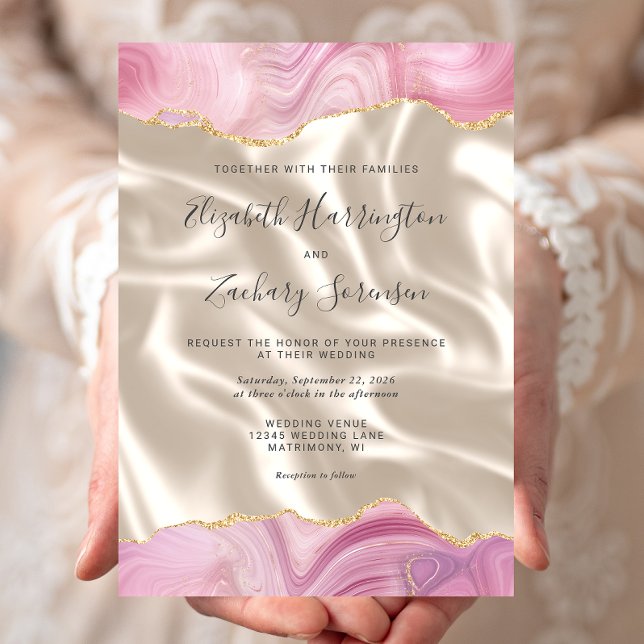 Pastel Pink Gold Agate Ivory Silk Wedding Invitation (Creator Uploaded)