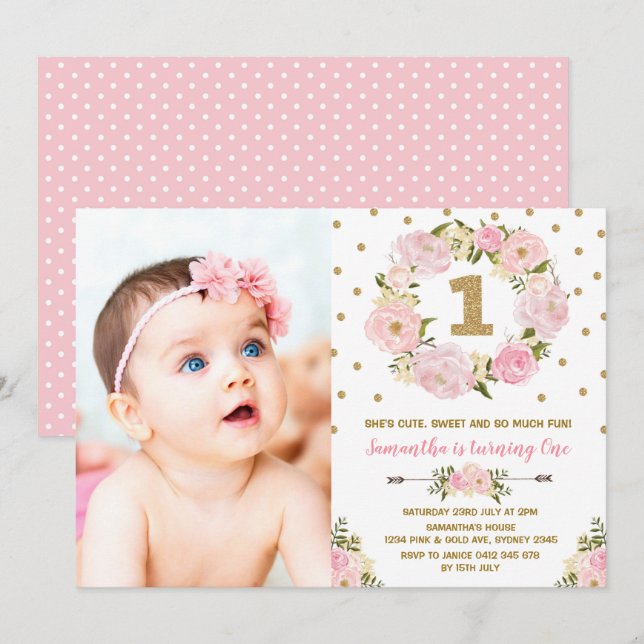 Pastel Pink Gold Floral First 1st Birthday Invite (Front/Back)