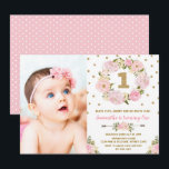 Pastel Pink Gold Floral First 1st Birthday Invite<br><div class="desc">Pink & Gold Floral First 1st Birthday Party Invite
Sweet and girly first birthday invitation featuring pink & blush watercolor floral wreath and gold confetti sprinkles.</div>
