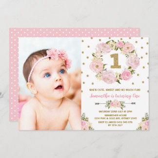Pastel Pink Gold Floral First 1st Birthday Invite