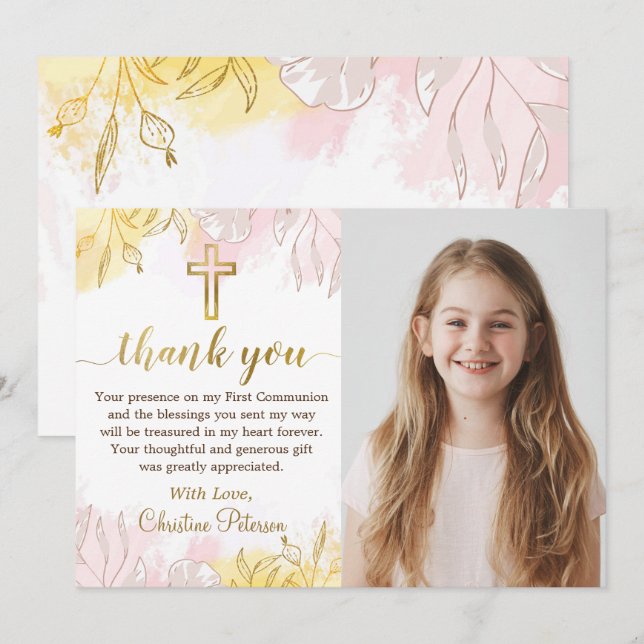 Pastel Pink Gold Floral First Communion Photo Thank You Card (Front/Back)