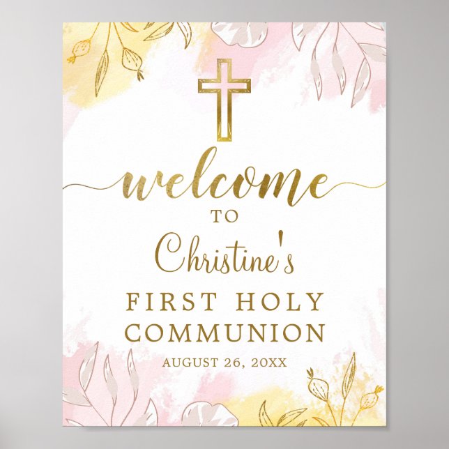 Pastel Pink Gold Floral First Communion Welcome Poster (Front)