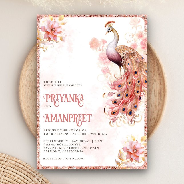 Pastel Pink Gold Floral Indian Peacock Wedding Invitation (Creator Uploaded)