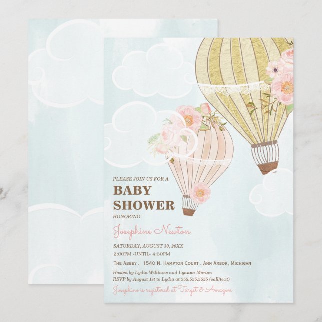 Pastel Pink & Gold Hot Air Balloon Baby Shower Invitation (Front/Back)
