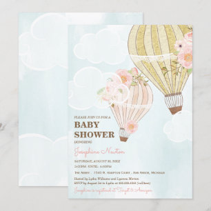 Pastel Pink & Gold Hot Air Balloon Baby Shower Invitation