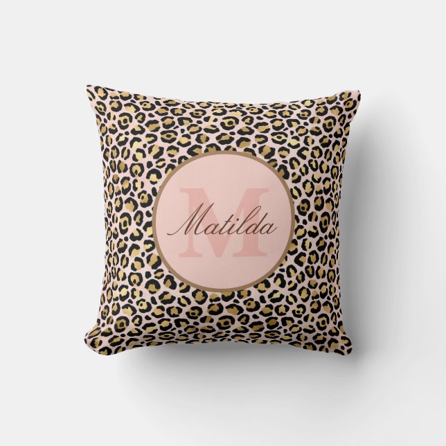 Pastel Pink & Gold Leopard Animal Print Monogram Cushion (Front)