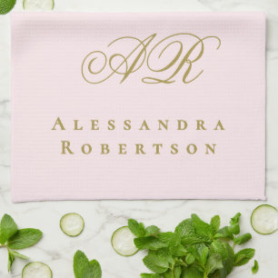 Pastel Pink Gold Monogram Name Minimalist Stylish Tea Towel