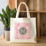Pastel Pink & Gray Damask Pattern Custom Monogram Tote Bag<br><div class="desc">Add your monograms to this trendy and feminine floral damasks with popular colors. The damask has a whimsical chalkboard look.</div>