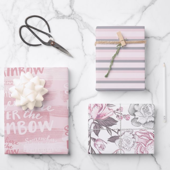 PASTEL PINK GRAY WHITE FLOWERS & STRIPES WRAPPING PAPER SHEET (Front)