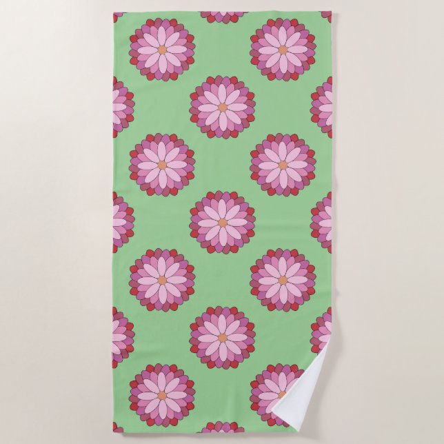 Pastel Pink Green Asian Medallion Floral  Beach Towel (Front)