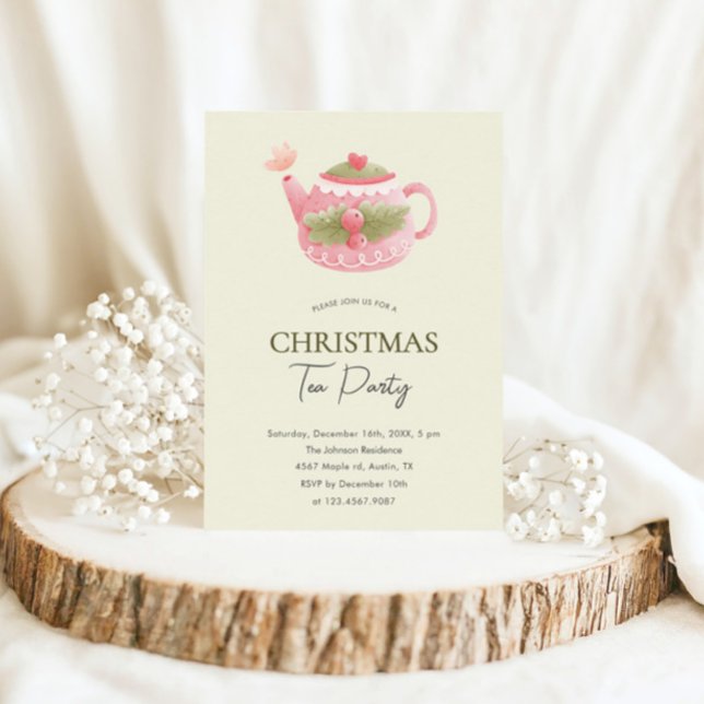 Pastel Pink Green Christmas Tea Party  Invitation (Creator Uploaded)