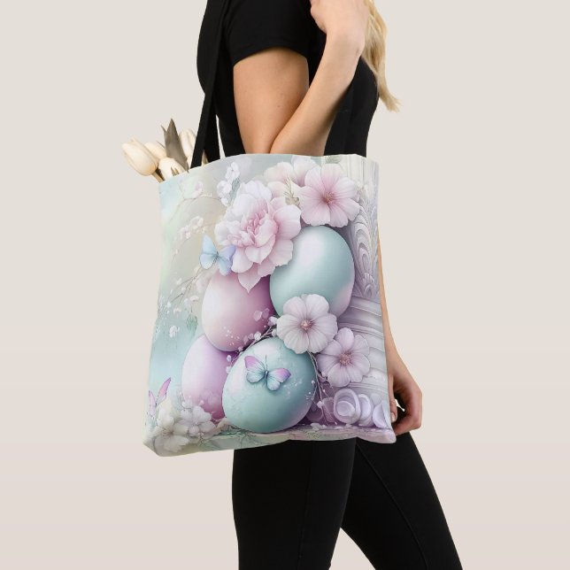 PASTEL PINK & GREEN EASTER EGGS & FLOWERS TOTE BAG (Close Up)